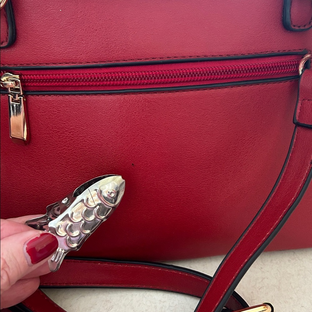 Isabelle Handbag with Gold-Tone Ring Handle Crossbody Clutch Red Purse - Picture 6 of 12